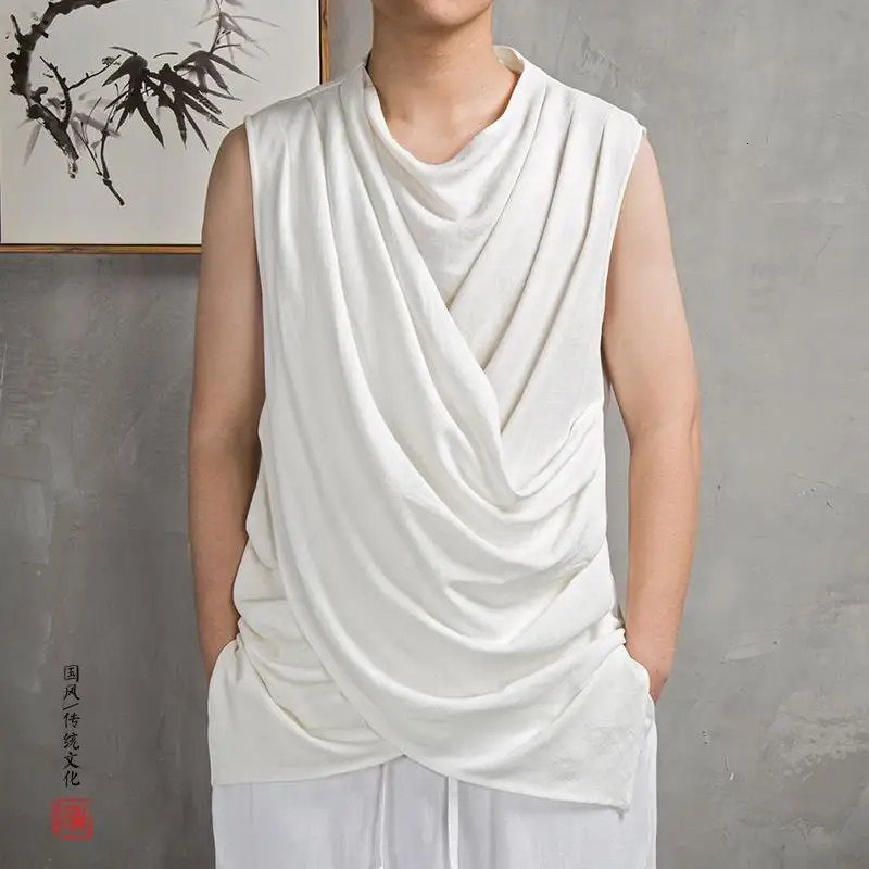 Men Clothes Summer Retro Asymmetrical Chinese Style Cotton Linen Tank Tops Y2K Casual Black White Loose Sleeveless T Shirt Vest 240703