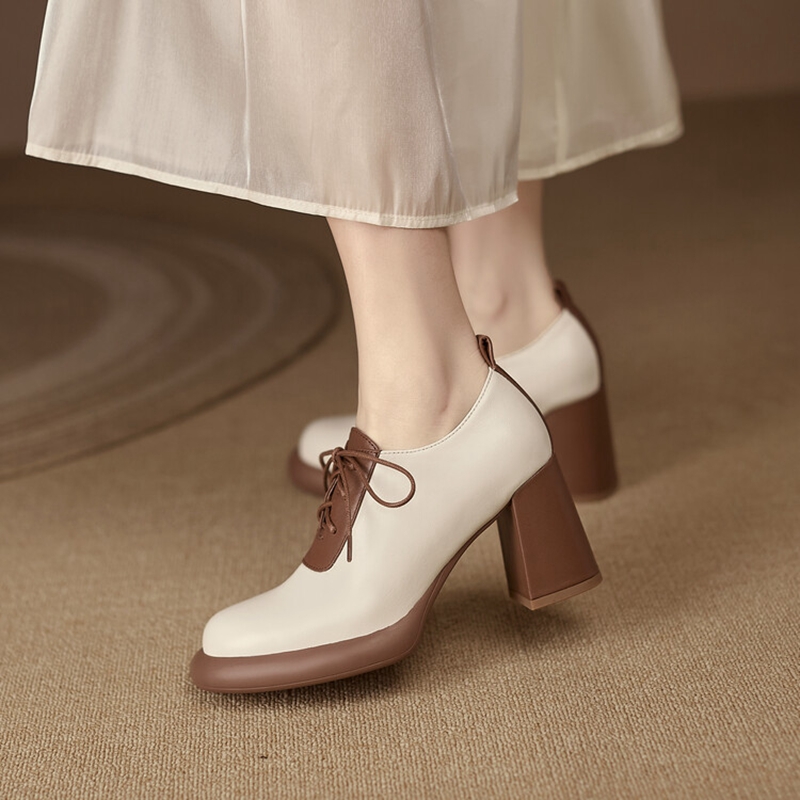 Spring NEW Round Toe High heels New Genuine Leather Chunky Heel Pumps Lace Up Mixed Color Platform Shoes for Women 2267