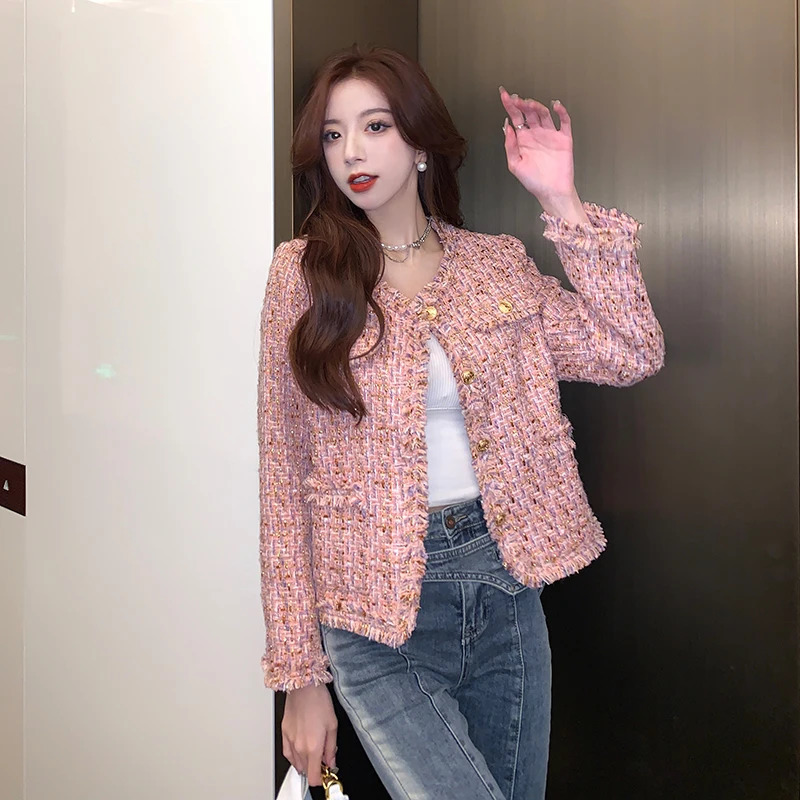 Autumn Winter Vintage Pink Tweed Weave Jacket Coat Women Small Fragrance Korean Tassel Woollen Coats Elegant Outerwear 240704
