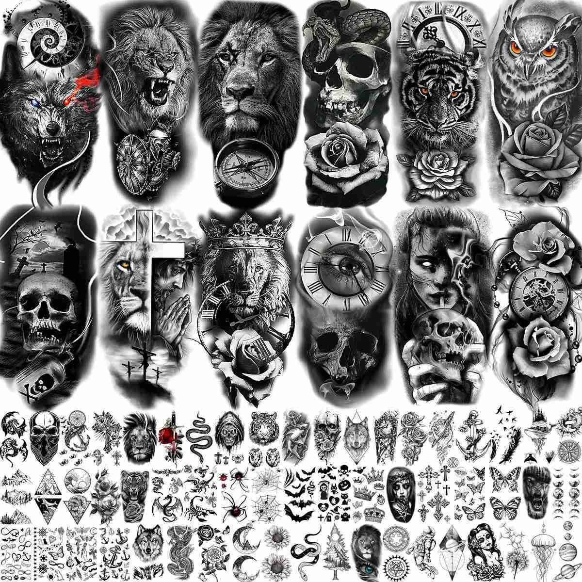 68 Sheets Large Sleeve Temporary Tattoos For Men Women Forearm Fake Tattoo Sticker Black Tiger Lion Owl Skull Tatoos Tribal WolfB240711
