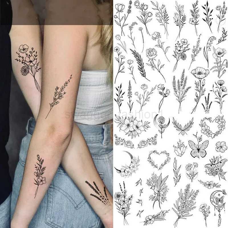 Black Flower Tattoo Sketch Tattoo Sticker Rose Blossom Tattoo Temporary WaterproofB240713