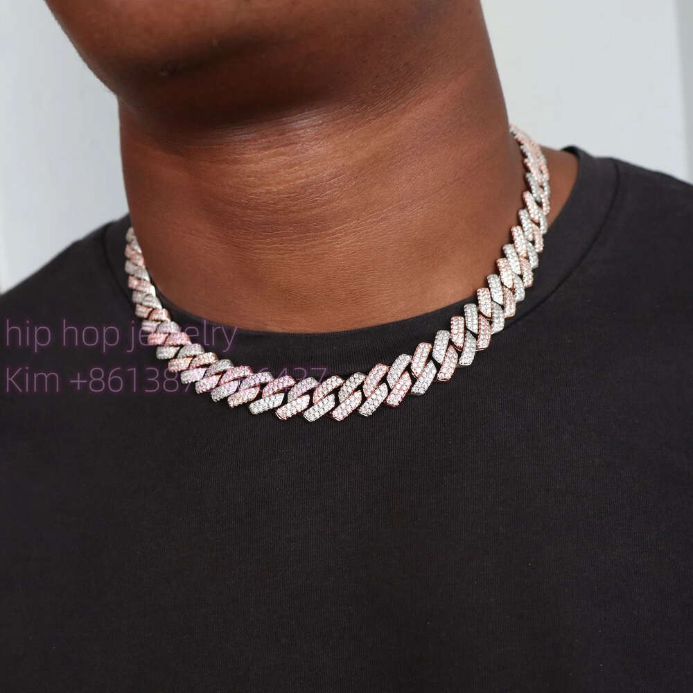 Hip Hop Jewelry Custom 2rows 14mm Prong Cuban Chain Trendy 2 Tone 925 Silver Moissanite Diamond Cuban Necklace