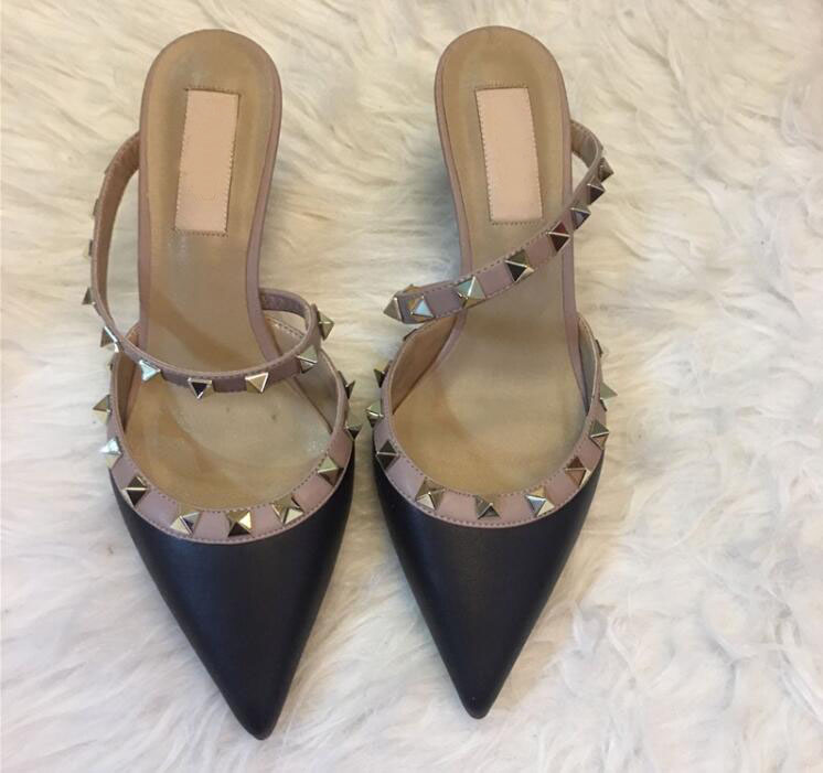 Designer New Women's V 10cm High Heel Flat Shoes Studded Pointed Toe Sandals Black Fashion Beach Sandals Size 35-44