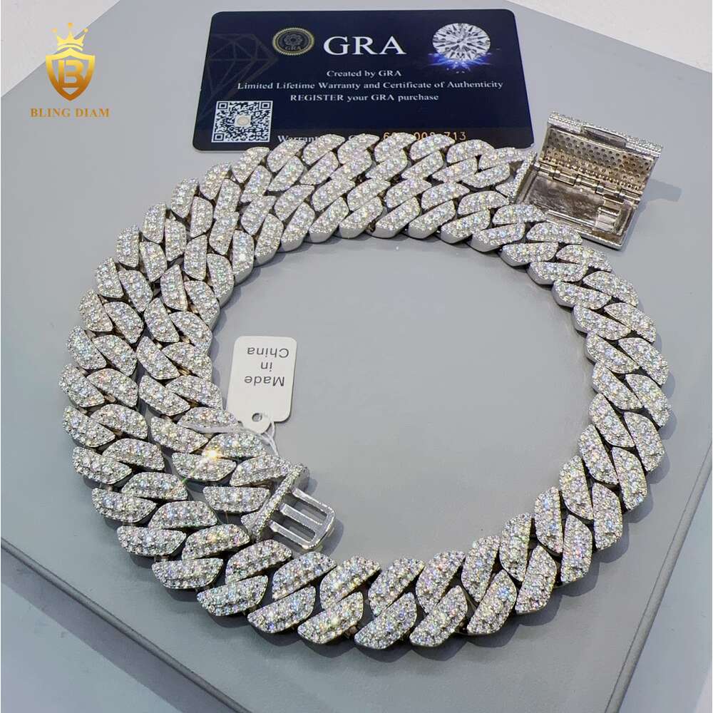 High Quality Custom Hip Hop Jewelry 15mm Iced Out Heavy Cuban Link Chain Vvs Moissanite 925 Sterling Silver Hiphop