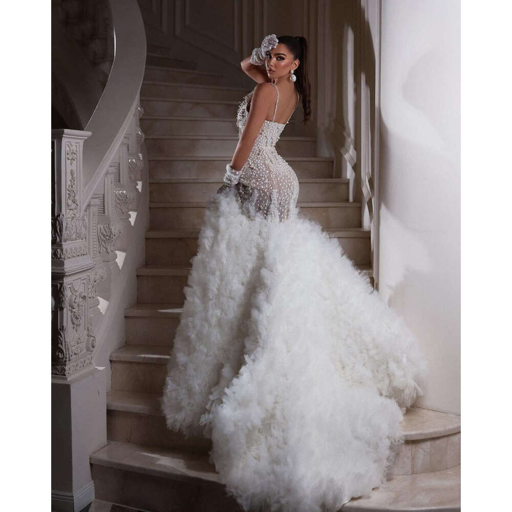 Wedding Urious Pearls Dresses Sexy Spaghetti Straps High Side Split Mermaid Bridal Gowns Crystal Beads Sequin Robe De Mariee