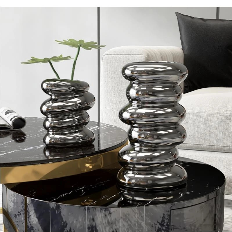 Electroplated Sier Ceramic Nordic Decoration Home Shaped Spiral Vase Living Room wer Arrangement Container 240709