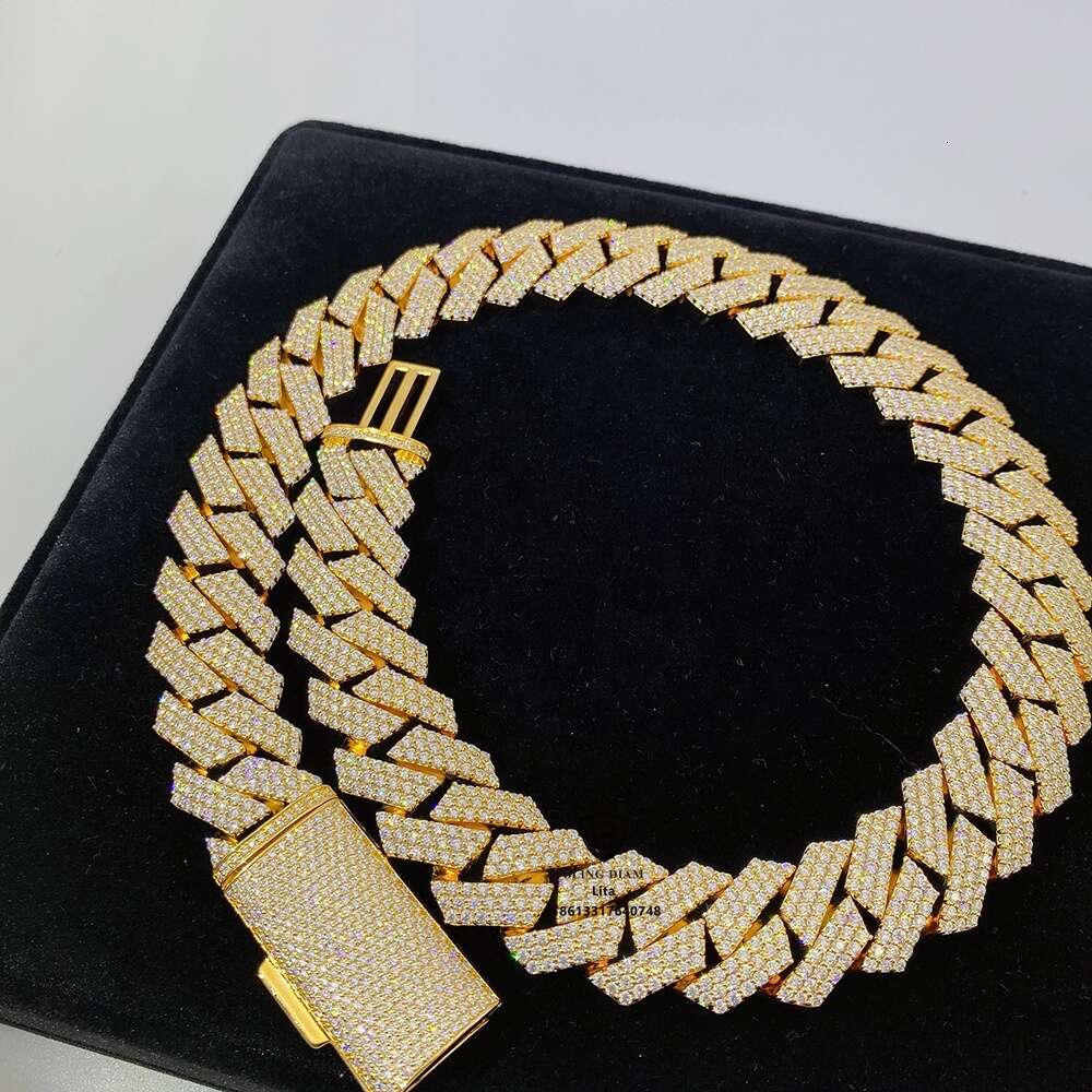 New Arrival Hip Hop Iced Out 20mm Yellow Gold Moissanite Miami Custom Cuban Link Necklace Heavy Cuban Link Hand Chain