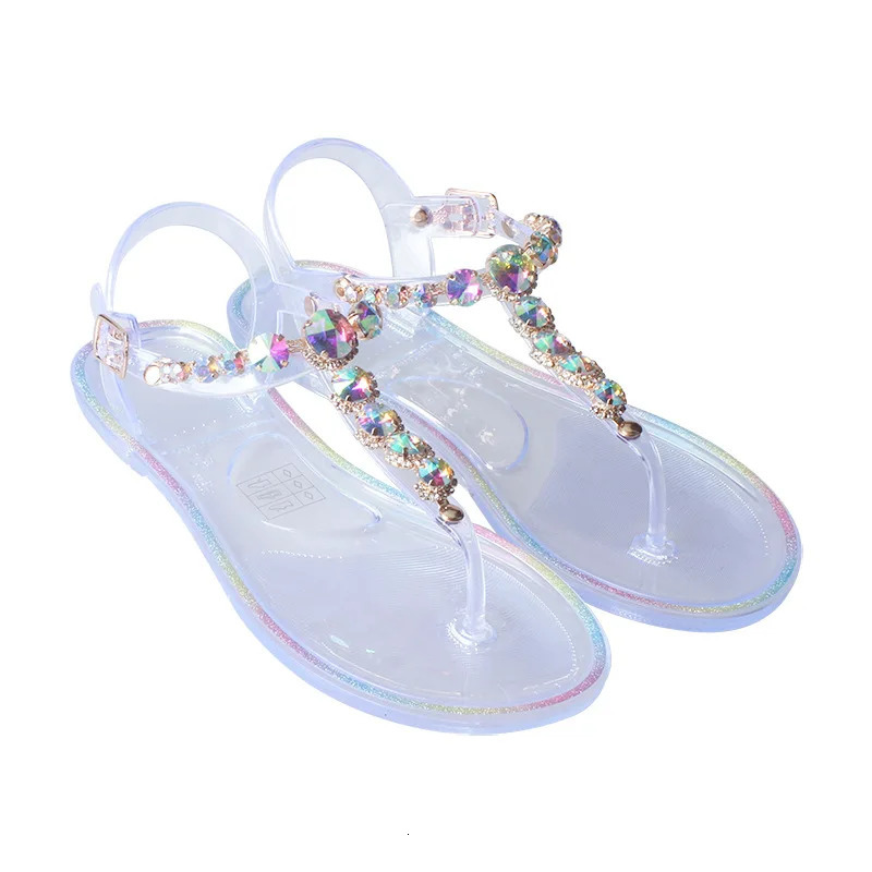 Summer Women Jelly Shoes Simple Color Diamond Fashion Transparent Flat Outdoor Leisure Beach Crystal Ladies Sandals Wholesale 240710