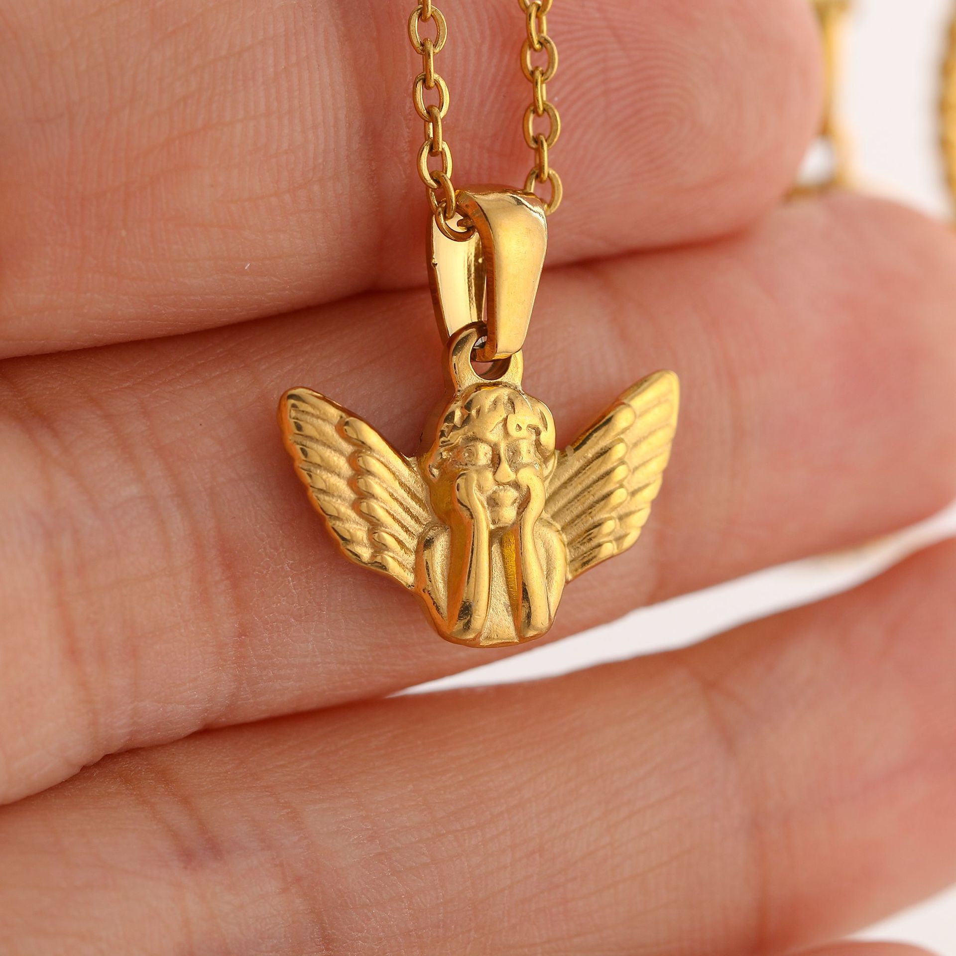 Emed Stainless Steel Gold Chain Cross Angel Madonna Pendant Necklace for Women and Men 4