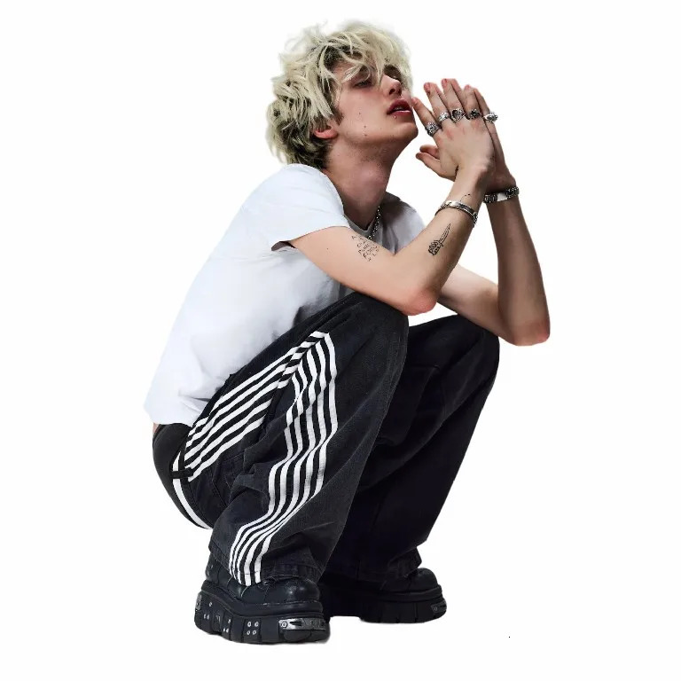 Streetwear Jeans Y2K Hip Hop Striped Baggy Black Pants Mens Punk Rock High Waisted Wide Leg Trousers Clothes 240701