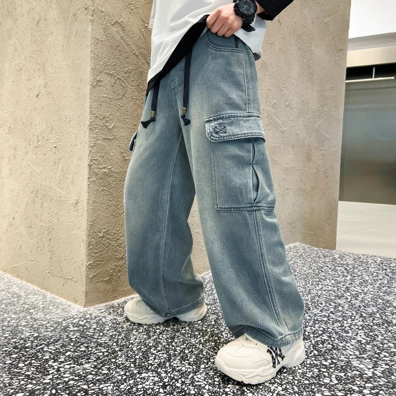 Teen Boys Straight Leg Cargo Jeans Spring/Autumn Kids Wide Leg Denim Long Pants for Children Loose Pockets Trousers 5 14 Yrs 240705
