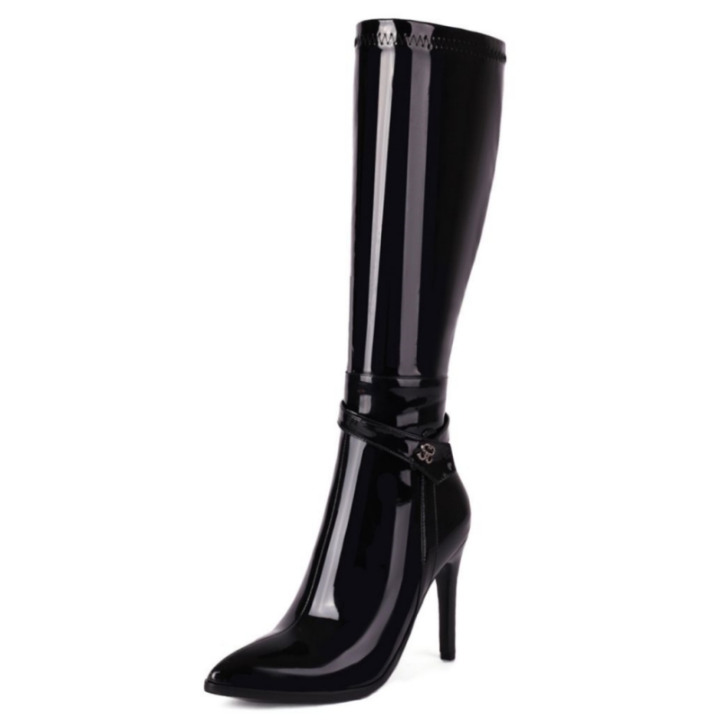 Knee Sexy High Boots Women New 2023 Winter Point Black Heels Long Boot Patent Dance Party Shoes Female Large Size 44 46 1d95