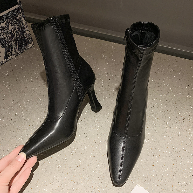 2023Women High Leather New Female Pointed Thin Heel Ladies Ankle Short Boots Botas De Mujer