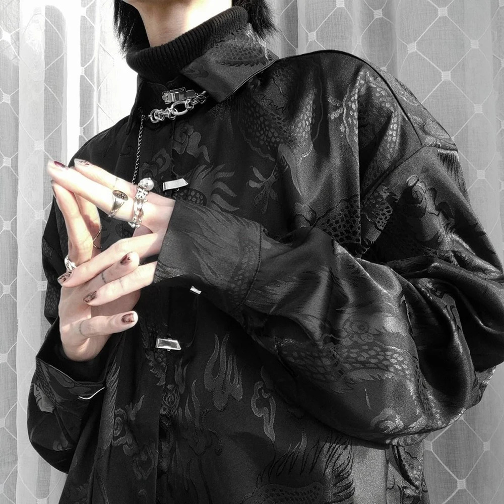 Vintage Harajuku Blouses Men Satin Shirt Dragon Totem Print Streetwear Button Up Long Sleeve Shirts Chinese Style Tops Unisex 240704