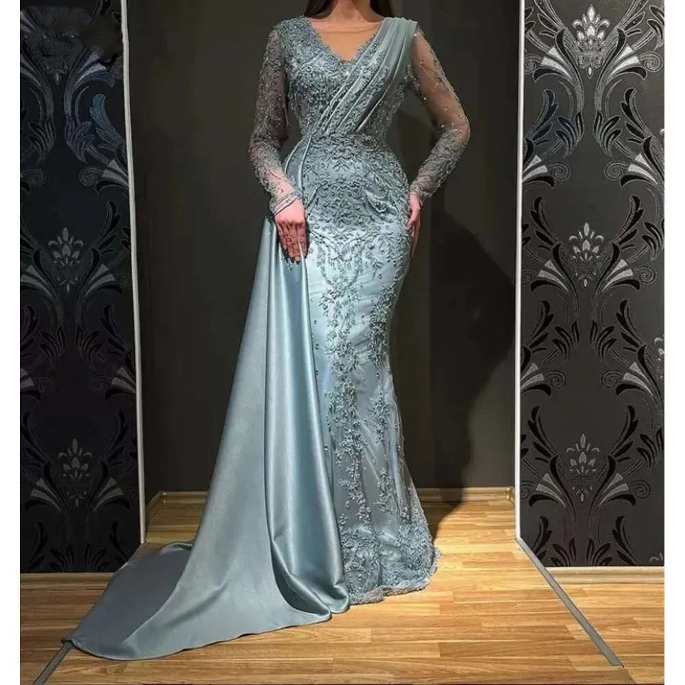 Dubai Arabic Turkish Long Sleeves Women Evening Dresses Mermaid V Neck Overskirts Ruched Satin Formal Ocn Party Gowns Embroidery Lace Beaded Vestidos