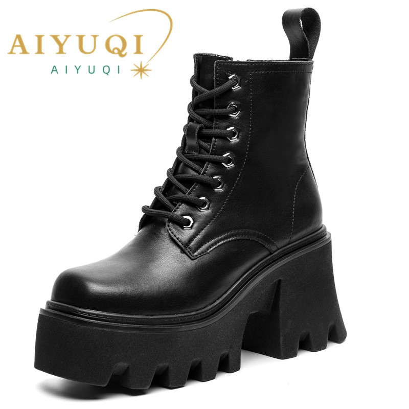 Women Booties High Heel Large Size Square Head Genuine Leather Women Ankle Boots Platform British Style Fur Winter Boots Women