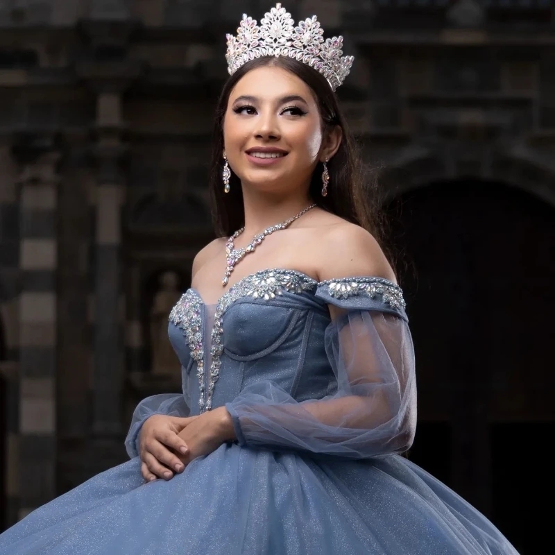 Blue Shiny Off the Shoulder Quinceanera Dresses Ball Gown Appliques Lace Beaded Long Sleeved Mexican Sweet 16 Dresses 15