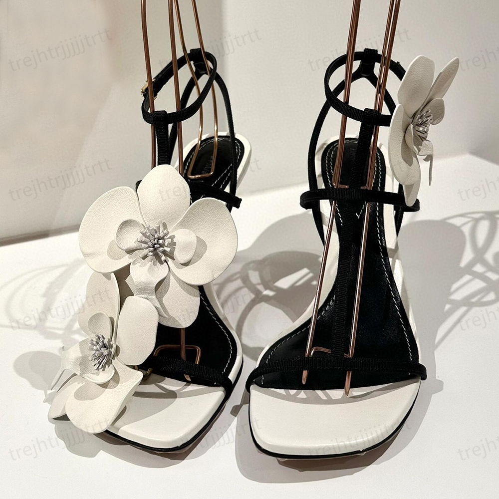 Top quality Women Luxurys Designers sandals Flower decoration 9cm stiletto high heel strap heels sandals Leaky toe ankle straps Party and banquet shoe