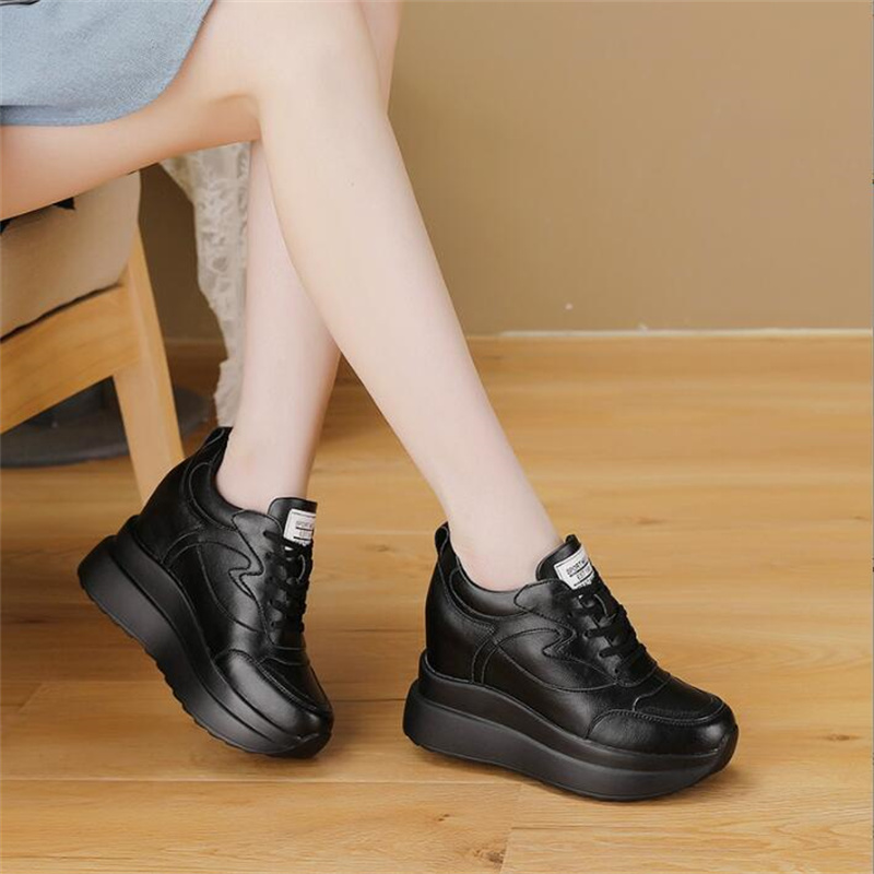 Women Platform Trainers Genuine Leather Autumn Winter Sneakers 10CM Heels Wedges Shoes Breathable Height Increased Sneaker Woman