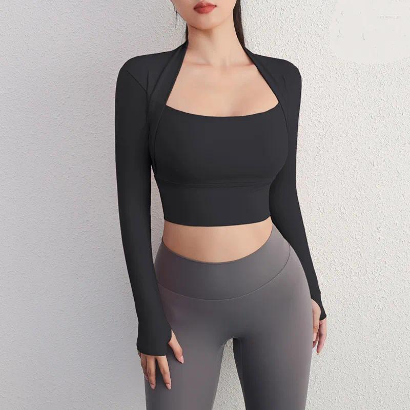 Active Shirts Yoga Long Sleeve Crop Tops Low Cut Gym Shirt Workout Top Insert Pads Slim Fit Sports Sexy