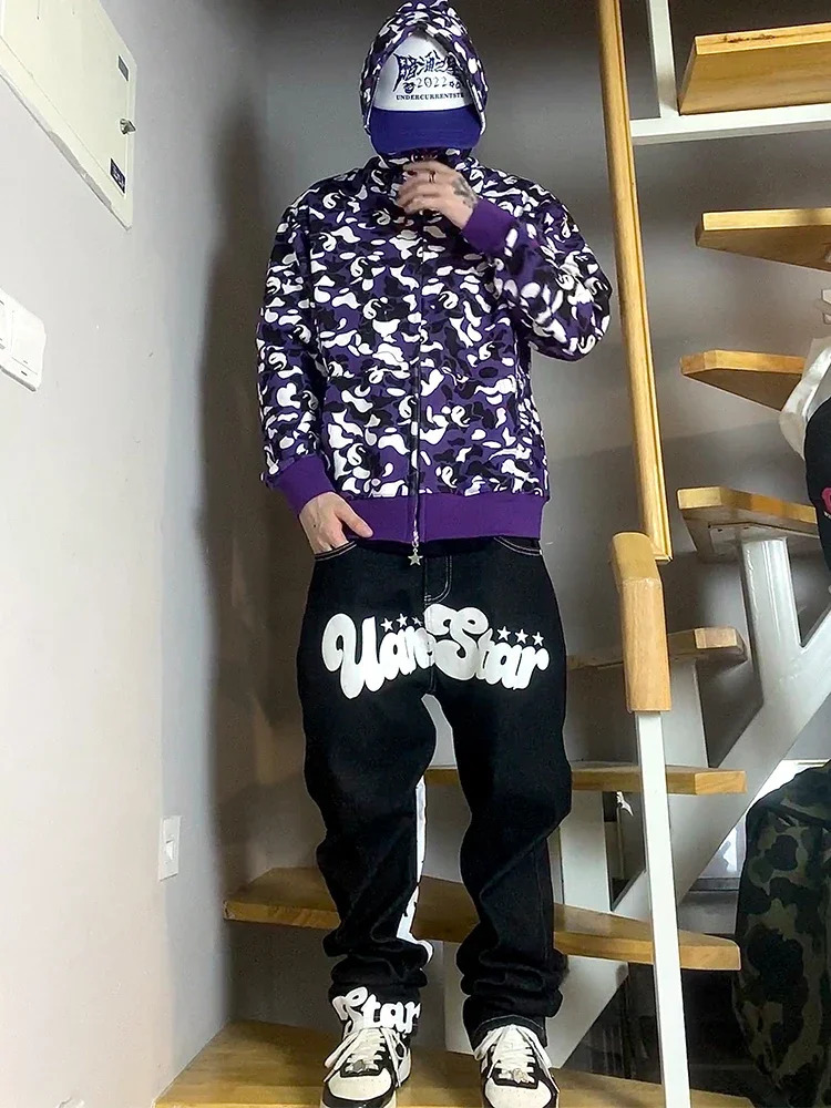 Letter Print Baggy Y2k Men Jeans High Street Vintage Hip Hop High Waisted Casual Straight Wide Leg Jeans Men Clothing Pants 240704