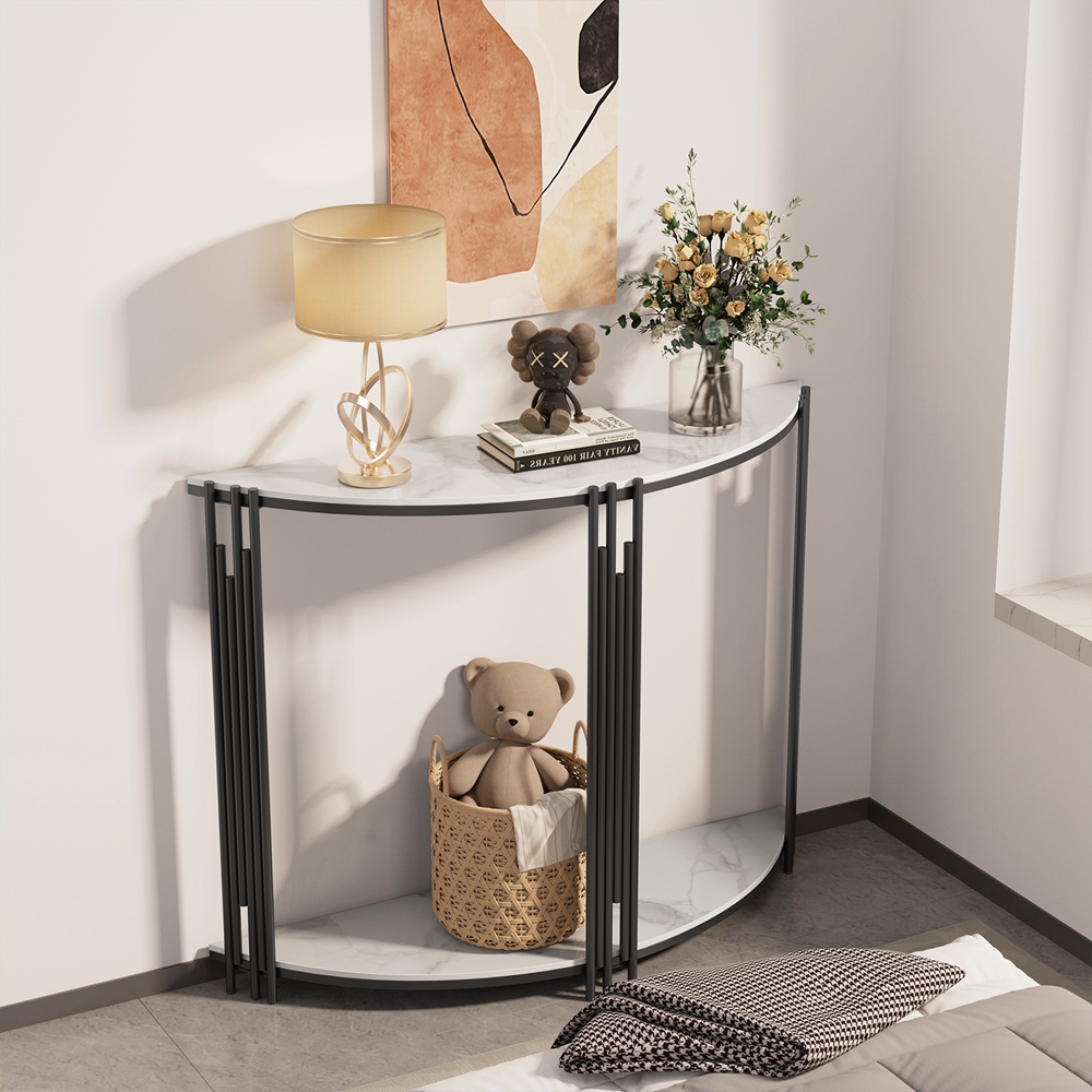 FATIVO Half Moon Console Table with Storage Shelf White Sintered Stone Table and Black Metal for Entryway,Living Room, Hotel, Porch