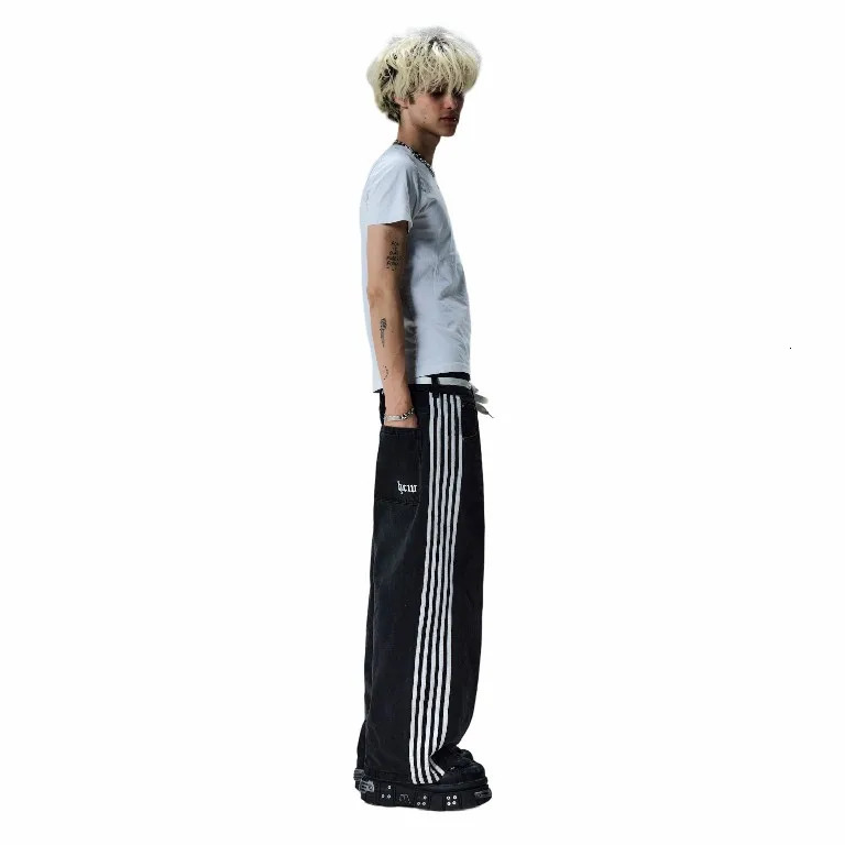 Streetwear Jeans Y2K Hip Hop Striped Baggy Black Pants Mens Punk Rock High Waisted Wide Leg Trousers Clothes 240701