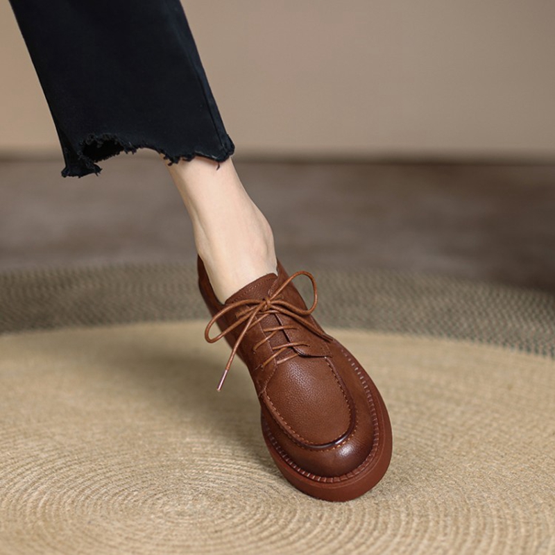 Spring/Autumn 2022 Genuine Leather Round Toe Platform Solid Lace Pumps Thick Heel Shoes New for Women 5e74