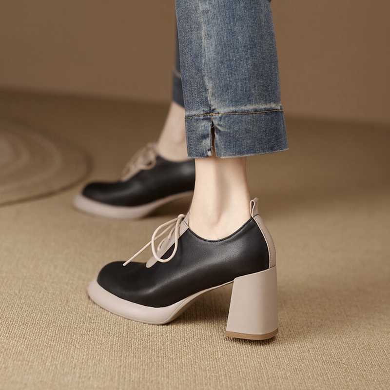 Spring NEW Round Toe High heels New Genuine Leather Chunky Heel Pumps Lace Up Mixed Color Platform Shoes for Women 2267