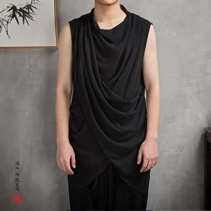 Men Clothes Summer Retro Asymmetrical Chinese Style Cotton Linen Tank Tops Y2K Casual Black White Loose Sleeveless T Shirt Vest 240703