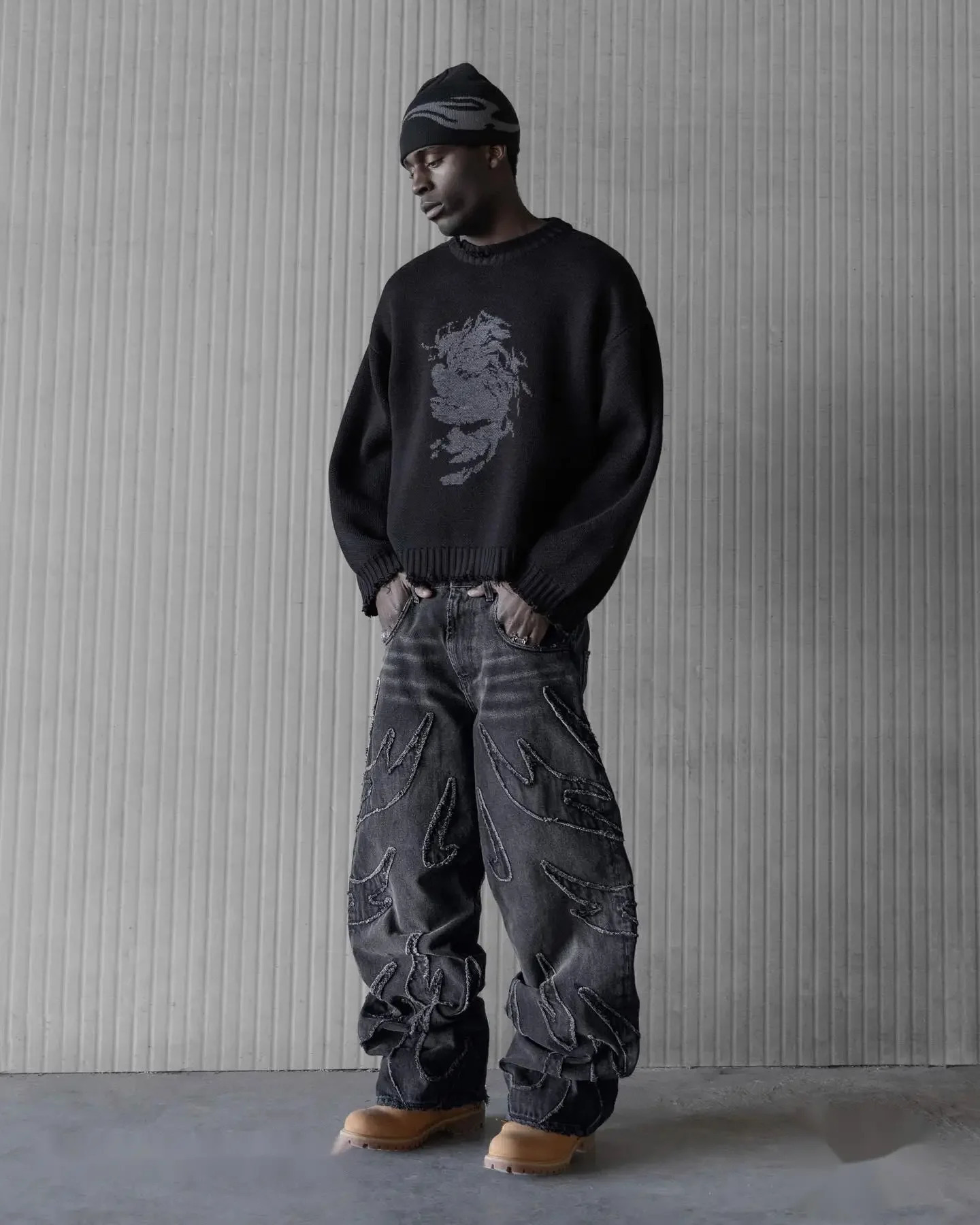Hip Hop Y2k Retro Black Baggy Jeans Oversized Sweatpants Embroidery Vintage Pattern Patchwork High Waisted Men Pants 240701