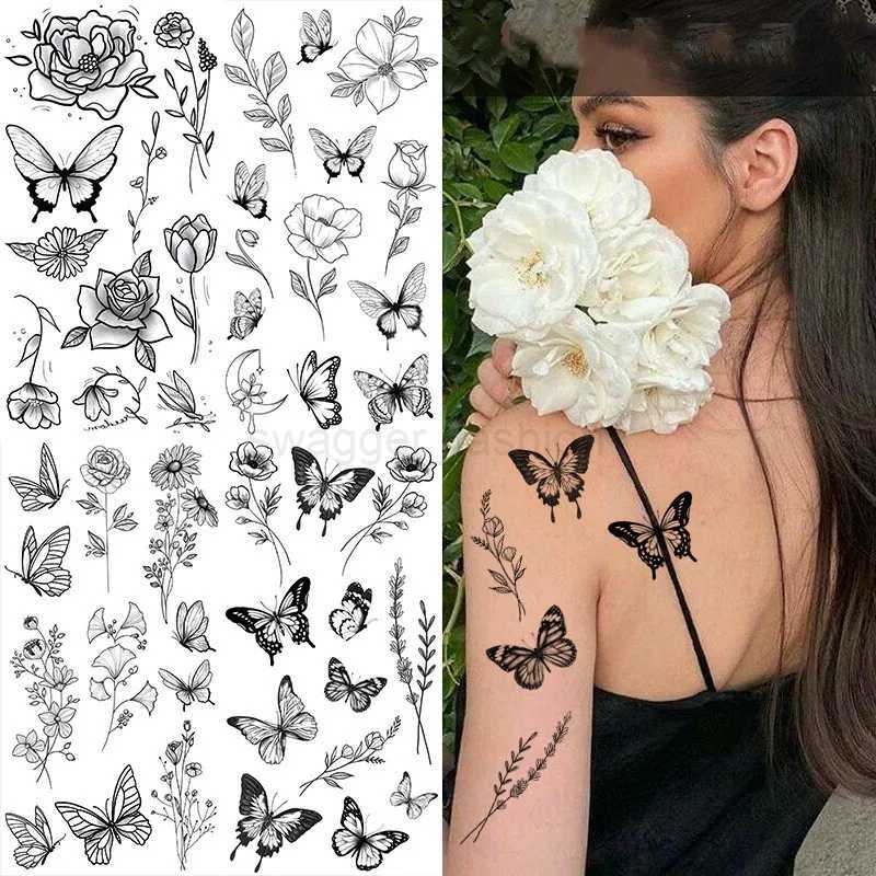 Black Flower Tattoo Sketch Tattoo Sticker Rose Blossom Tattoo Temporary WaterproofB240713