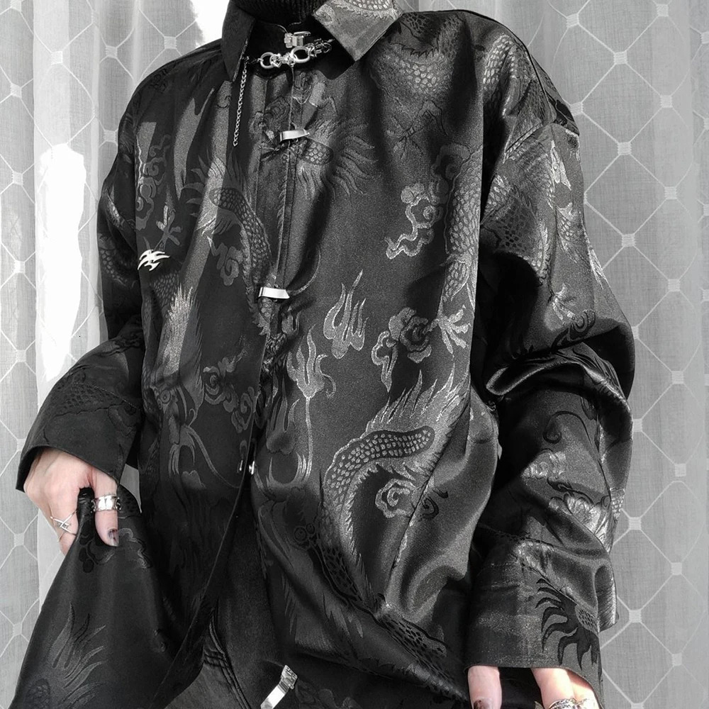 Vintage Harajuku Blouses Men Satin Shirt Dragon Totem Print Streetwear Button Up Long Sleeve Shirts Chinese Style Tops Unisex 240704