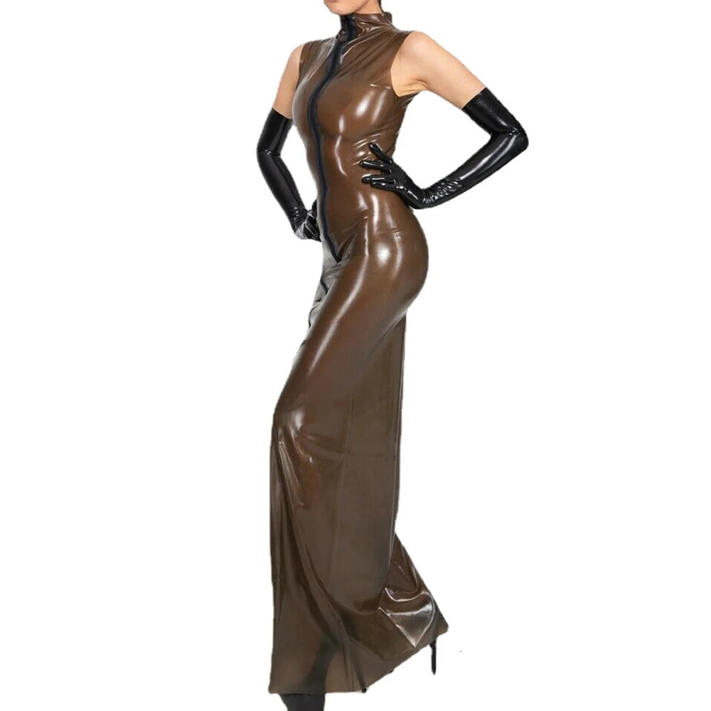 Vinyl Plastic PVC Sheath Pencil Long Dress Sleeveless Clear Transparency Slim Front Zipper Maxi Dress Female Club Party S-7XL 240710