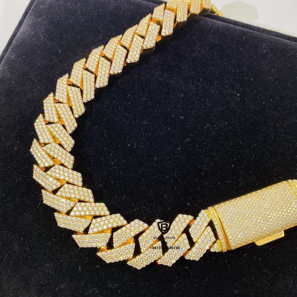 New Arrival Hip Hop Iced Out 20mm Yellow Gold Moissanite Miami Custom Cuban Link Necklace Heavy Cuban Link Hand Chain