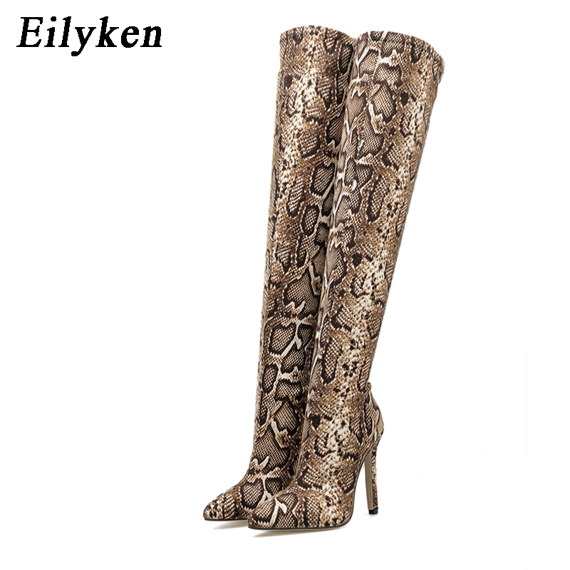 Eilyken Leopard grain Serpentine Long Boots Women Heel Boot Pointed Toe Sexy Club Shoes Thigh High Over-the-Knee Booties