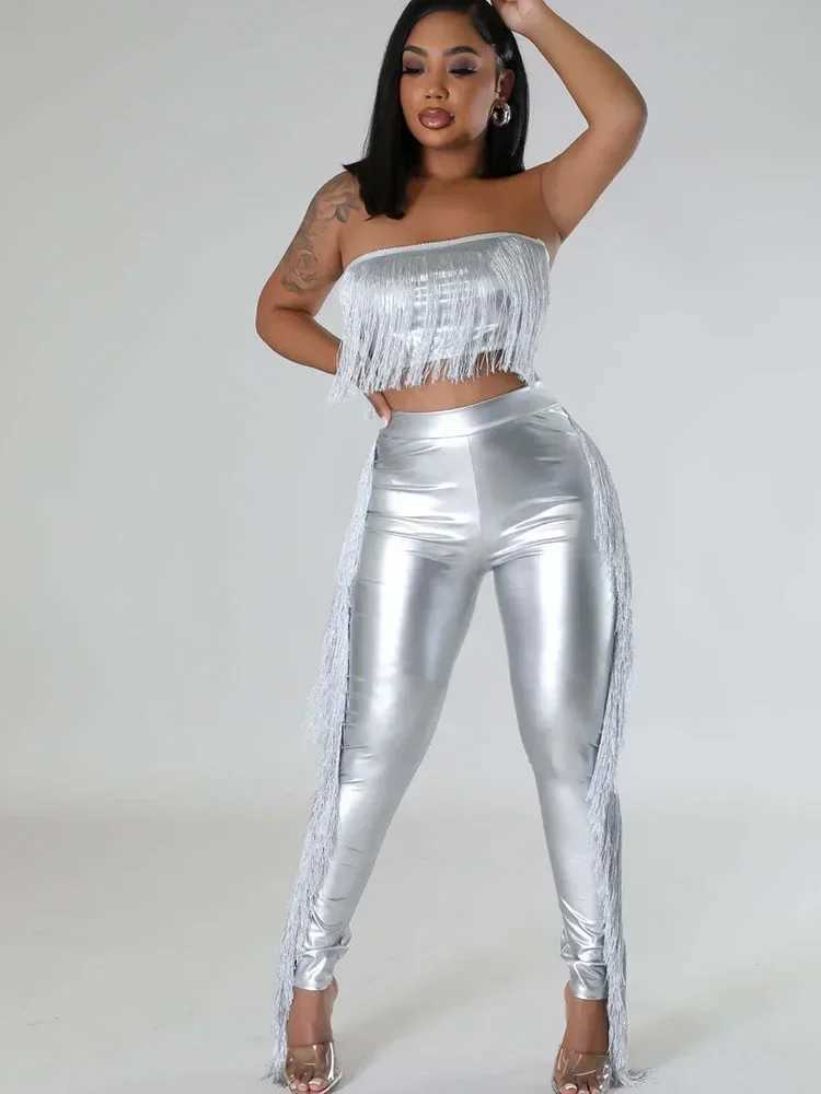 Womens Two Piece Pants Sexy Metal Tower Pants Set for Womens 2piece Birthday Set Club Clothing Strapless Crop Top and Pants Matching Set Y2k Unprinted