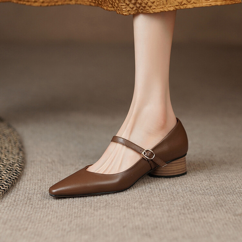 Spring 2023 Square Toe Chunky Heel Genuine New Leather Mary Janes Solid Pumps Retro Shallow Shoes for Women 7197