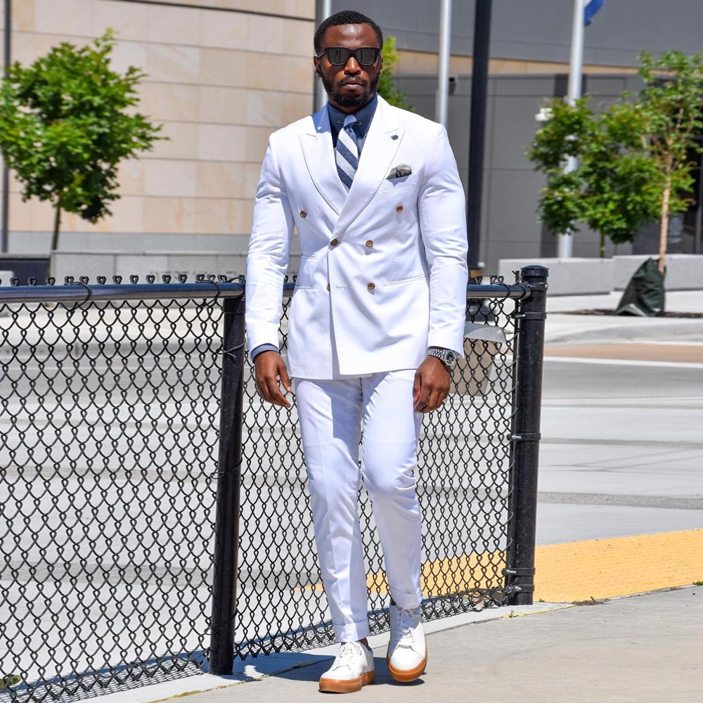 White Slim Fit Mens Suits 2 Pieces Sets Peaked Lapel Blazers Wedding Tuxedos Double Breasted Business Formal Suit With Jacket And Pants