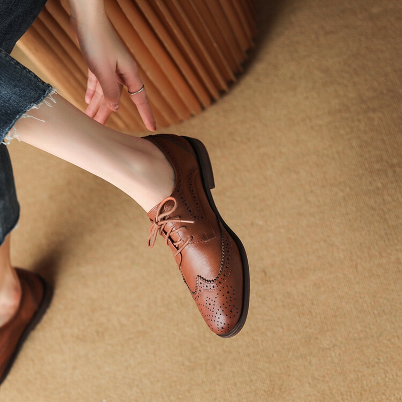 Women 2023 Oxfords Spring/Autumn Shoes for Woman Genuine Leather Brogues Retro Lace up Loafers casual Handmade Black Girls shoes e6fc