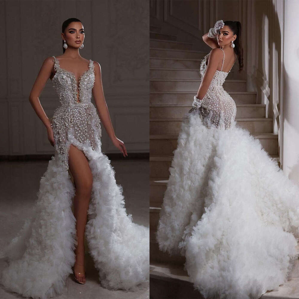 Wedding Urious Pearls Dresses Sexy Spaghetti Straps High Side Split Mermaid Bridal Gowns Crystal Beads Sequin Robe De Mariee