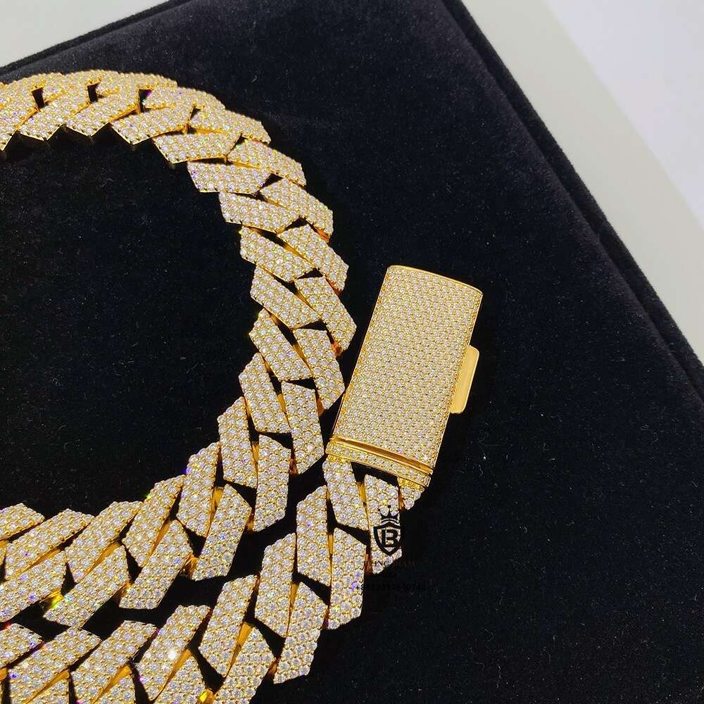 New Arrival Hip Hop Iced Out 20mm Yellow Gold Moissanite Miami Custom Cuban Link Necklace Heavy Cuban Link Hand Chain