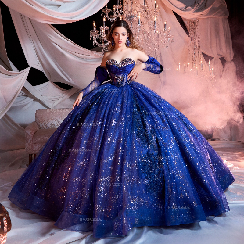 Royal Blue Shiny Quinceanera Ball Gown Off The Shoulder Beaded Crystal Mexican Sweet 16 Dresses vestido xv 15 anos