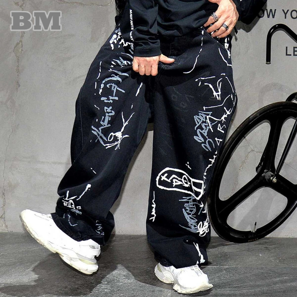American Hip Hop Baggy Jeans Mens Clothing Streetwear Paint Graffiti Black Skateboard Street Dance Pants Kpop Denim Trousers 240708