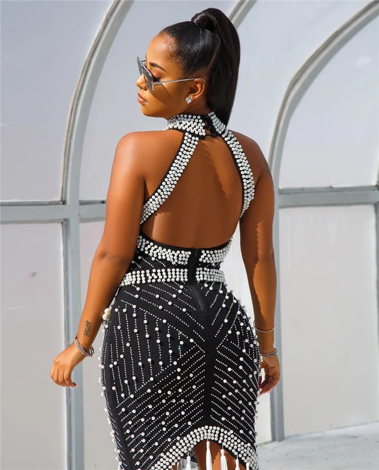 White Black Tassel Beaded Sexy Sleeveless Cocktail Party Dresses For Women Summer Fashion Backless Dinner Club Midi Dress 240710
