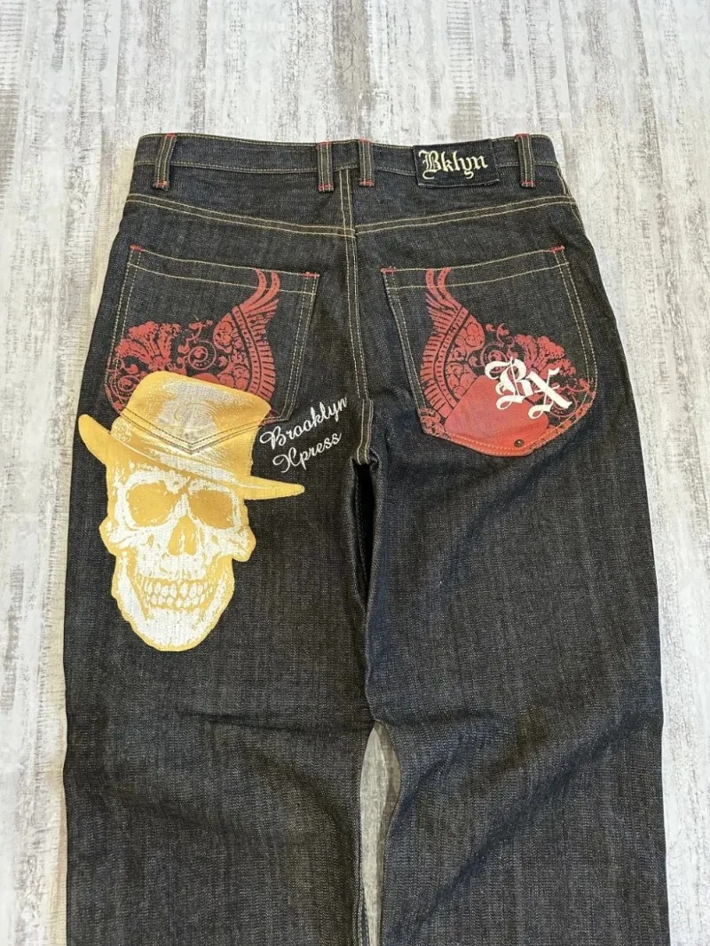 Y2K Baggy Jeans Streetwear Womens Hip Hop Skull Graphic Jeans Black Pants Harajuku Gothic High Waisted Wide Leg Trousers 240708