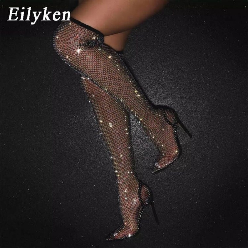 Eilyken Breathable Mesh Long Over The Knee Boots Sandals Women Sexy Stiletto High Heels Pointed Toe Strippers Female Shoes 5d6f