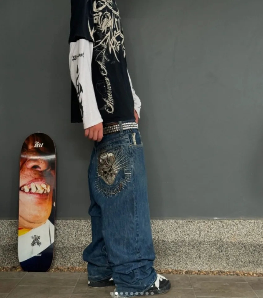European and American Embroidery Casual Slim Jeans Male Y2K American Street Hip-hop Retro Loose Wide-leg Straight Pants Trousers 240704