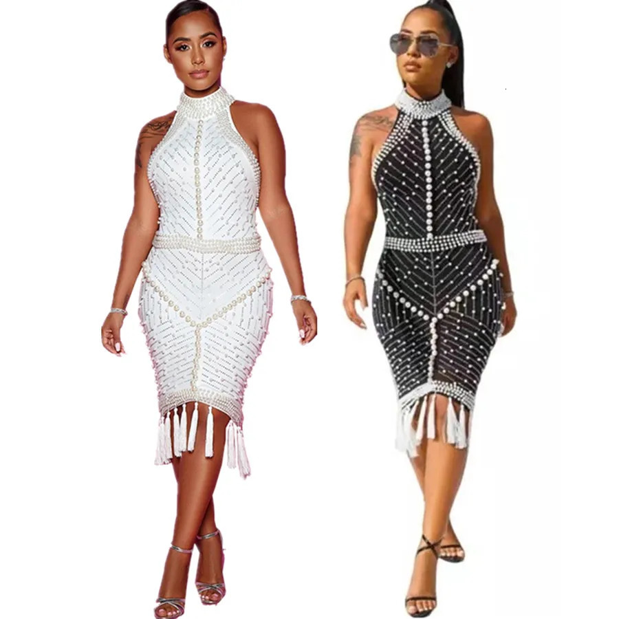 White Black Tassel Beaded Sexy Sleeveless Cocktail Party Dresses For Women Summer Fashion Backless Dinner Club Midi Dress 240710