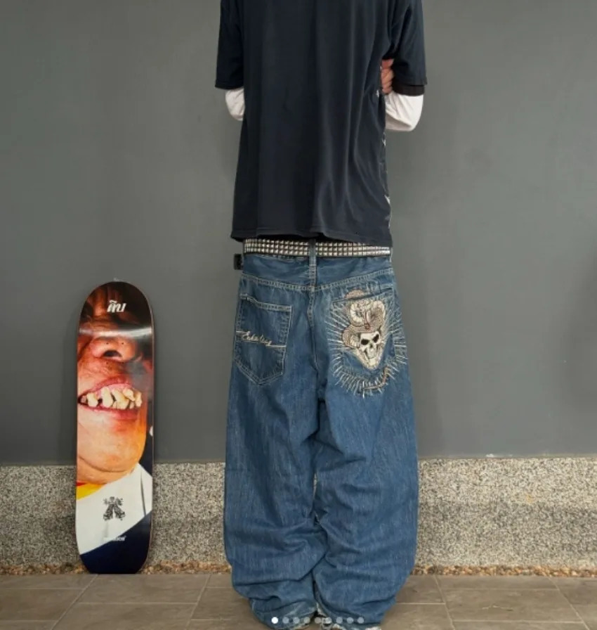 European and American Embroidery Casual Slim Jeans Male Y2K American Street Hip-hop Retro Loose Wide-leg Straight Pants Trousers 240704